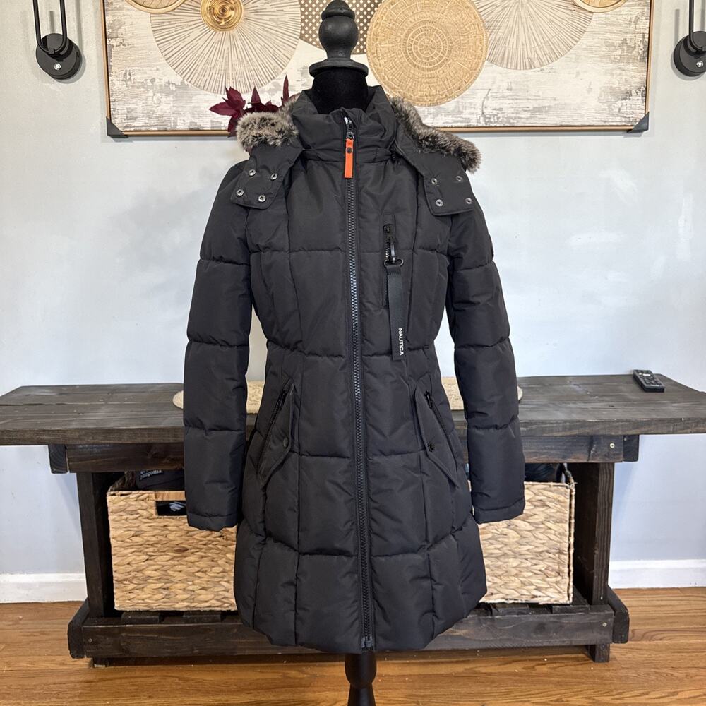 Nautica Women’s Size PXS Blue Faux Fur Hooded Jacket Water & Wind Resistance